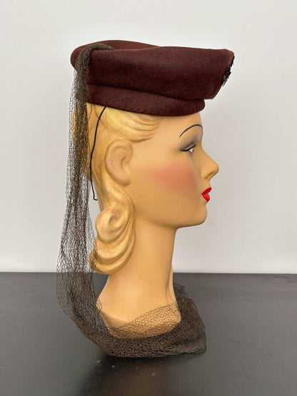 1940s New York Creation Brown Felt Hat With Sequins and Veil