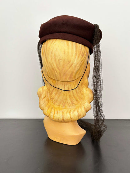 1940s New York Creation Brown Felt Hat With Sequins and Veil
