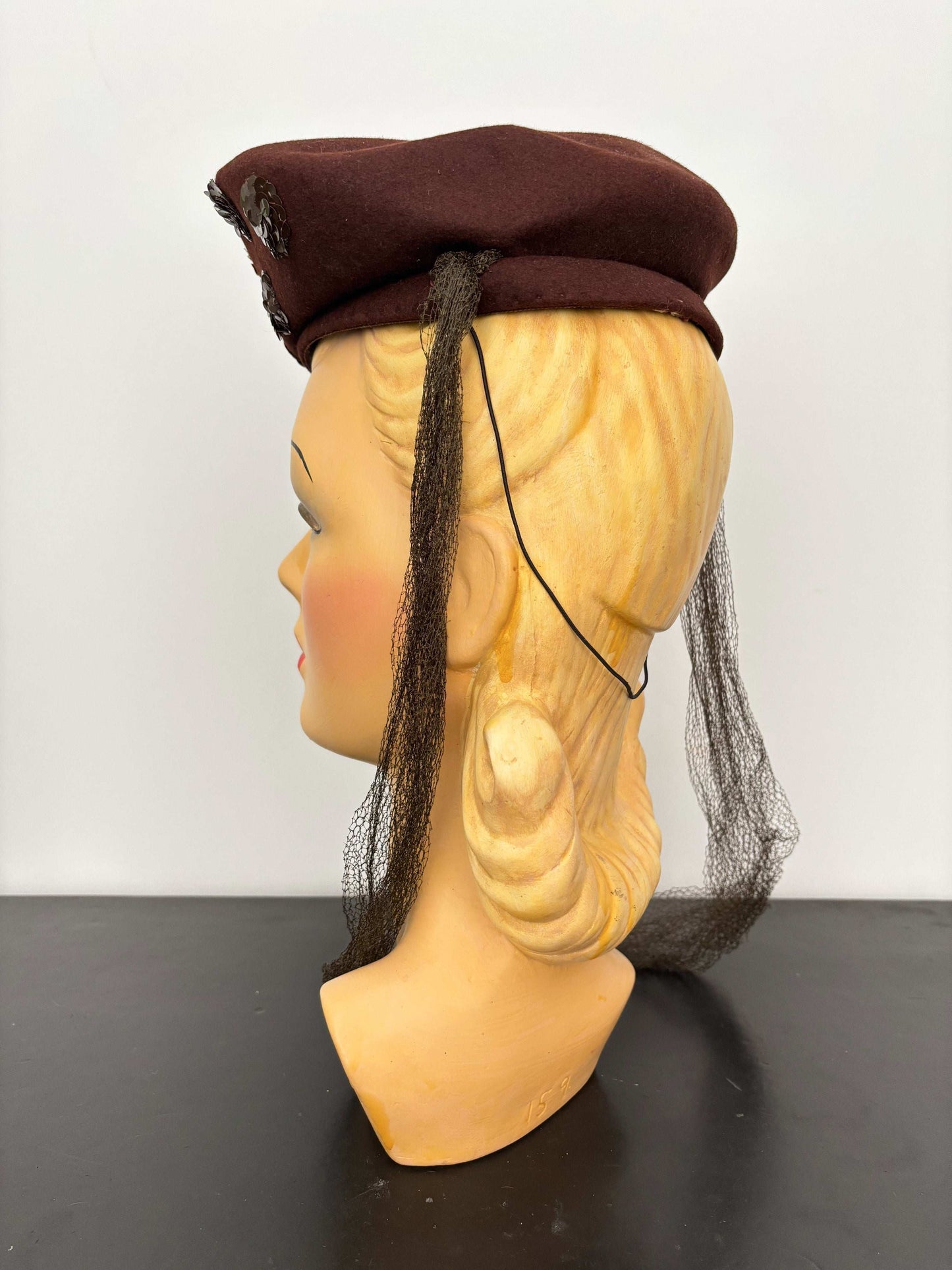 1940s New York Creation Brown Felt Hat With Sequins and Veil