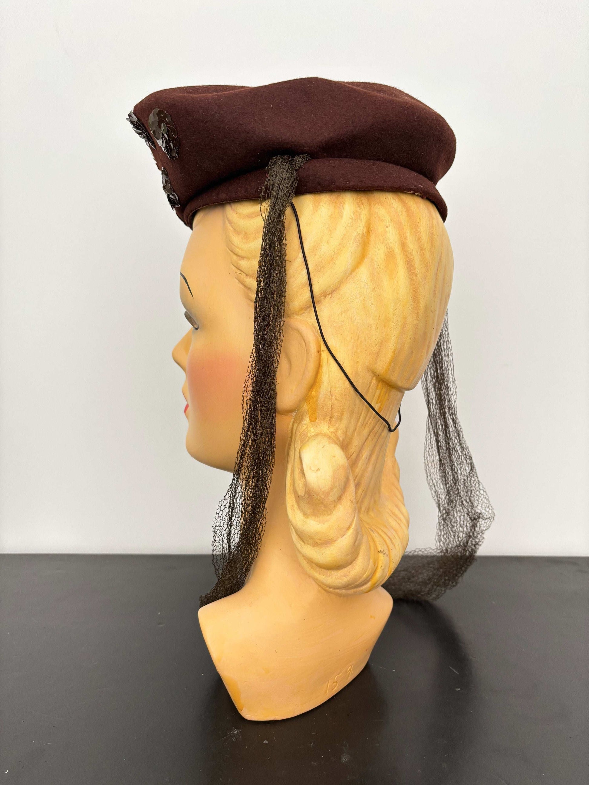 1940s New York Creation Brown Felt Hat With Sequins and Veil