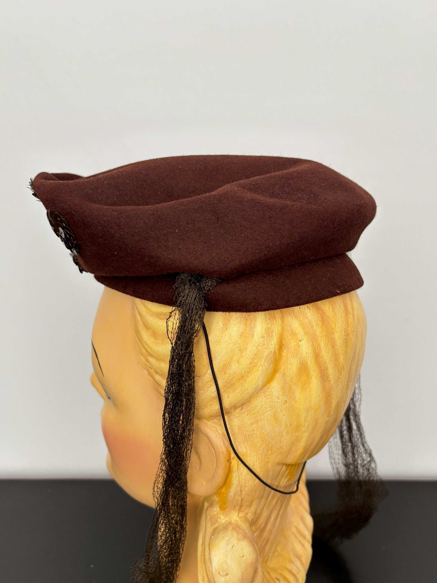 1940s New York Creation Brown Felt Hat With Sequins and Veil