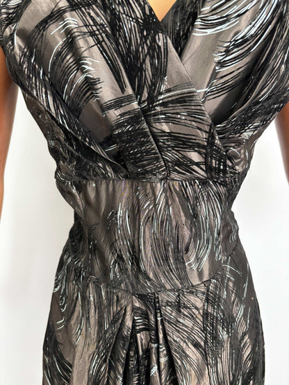 M | 1950s Grey Taffeta Evening Dress with Flock Print
