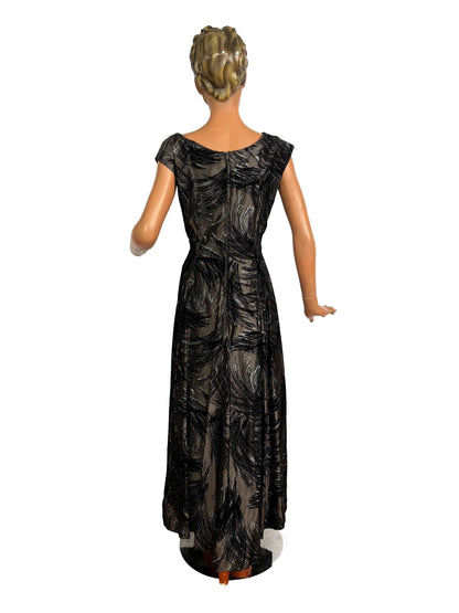 M | 1950s Grey Taffeta Evening Dress with Flock Print