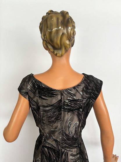 M | 1950s Grey Taffeta Evening Dress with Flock Print