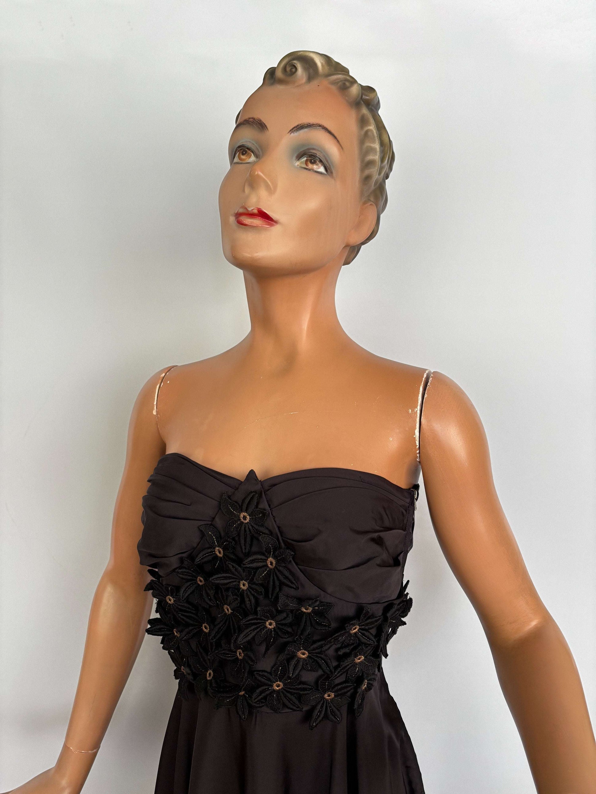 S | 1950s Black Taffeta Strapless Cocktail Dress with Appliqué Flowers