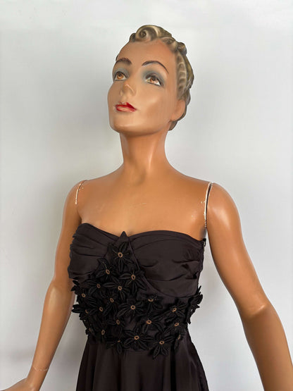 S | 1950s Black Taffeta Strapless Cocktail Dress with Appliqué Flowers