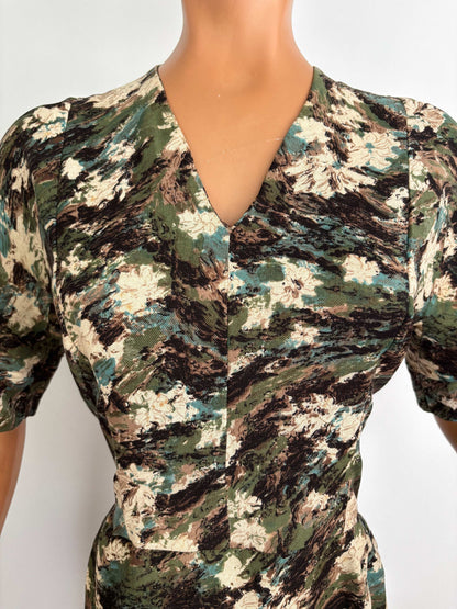 L | 1950s Wool Dress in Green, Brown and Cream Floral Pattern
