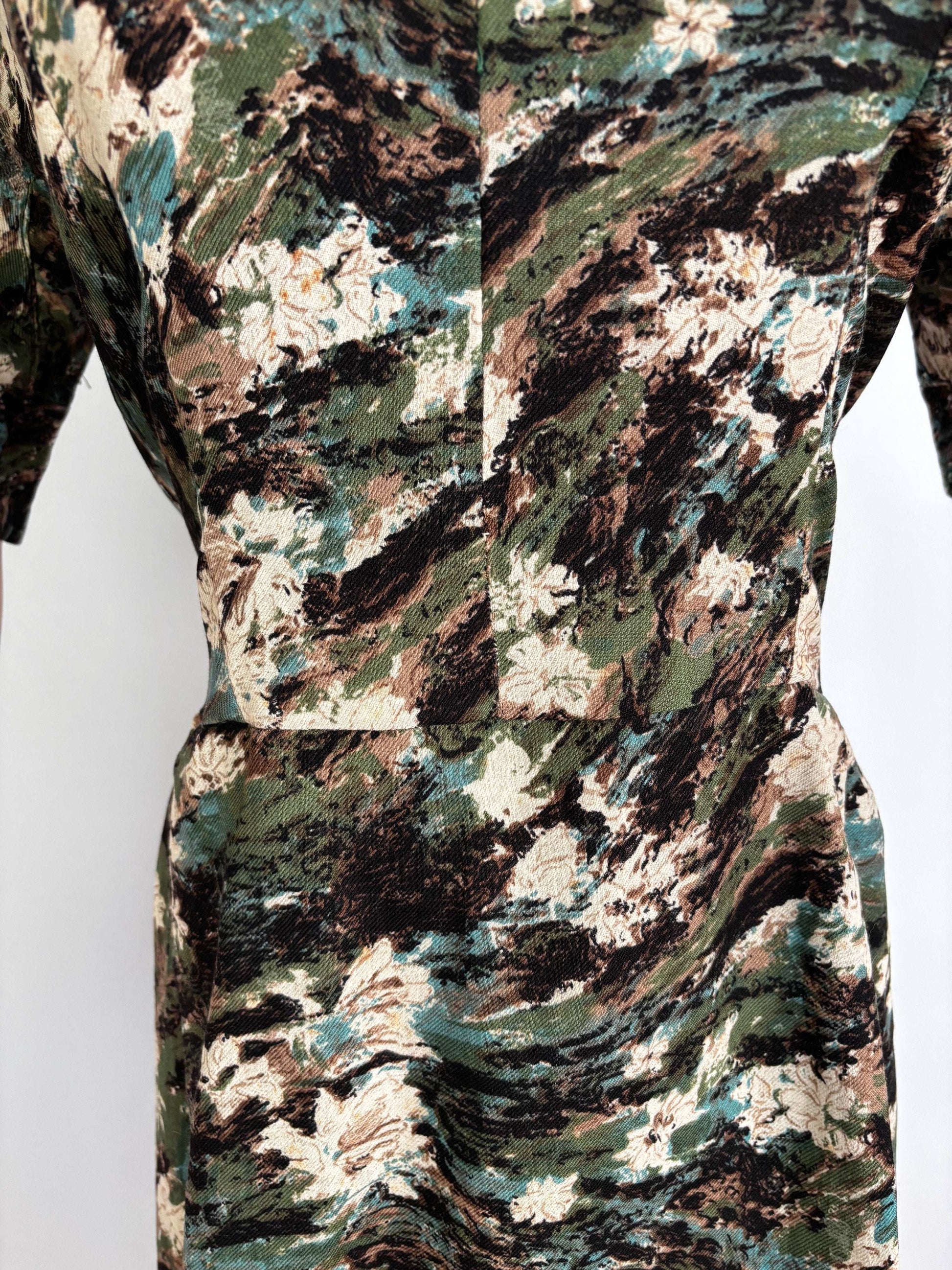 L | 1950s Wool Dress in Green, Brown and Cream Floral Pattern