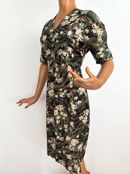 L | 1950s Wool Dress in Green, Brown and Cream Floral Pattern