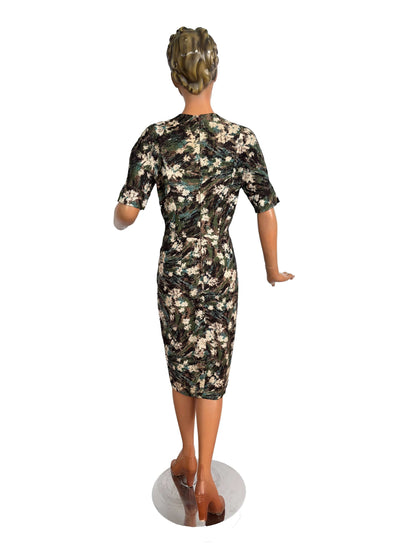 L | 1950s Wool Dress in Green, Brown and Cream Floral Pattern