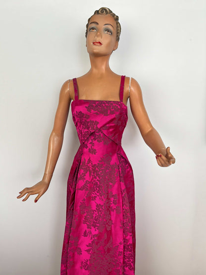 S | 1950s Fuchsia Brocade Evening Dress