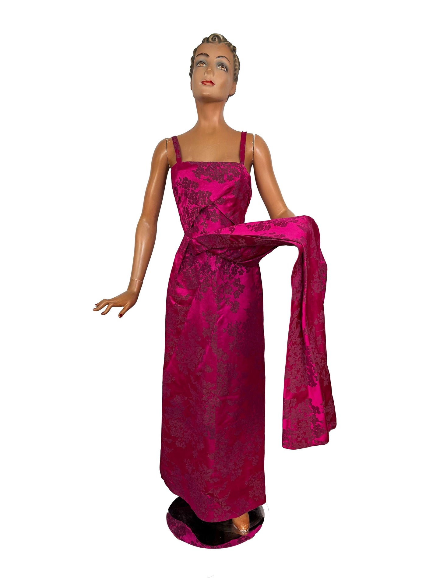 S | 1950s Fuchsia Brocade Evening Dress