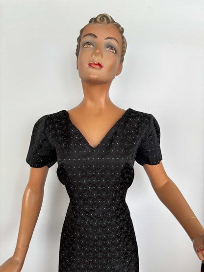L | 1950s Black Rayon Jacquard Dress with Green Floral Weave