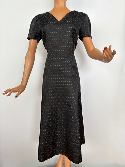 L | 1950s Black Rayon Jacquard Dress with Green Floral Weave