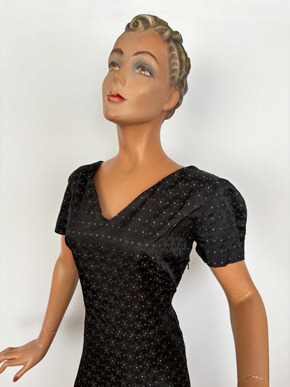 L | 1950s Black Rayon Jacquard Dress with Green Floral Weave