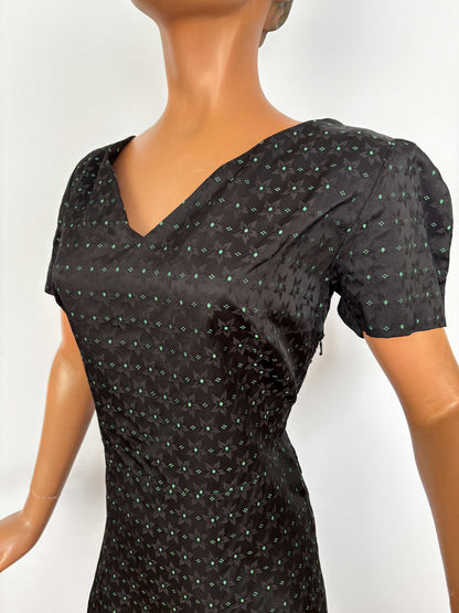 L | 1950s Black Rayon Jacquard Dress with Green Floral Weave