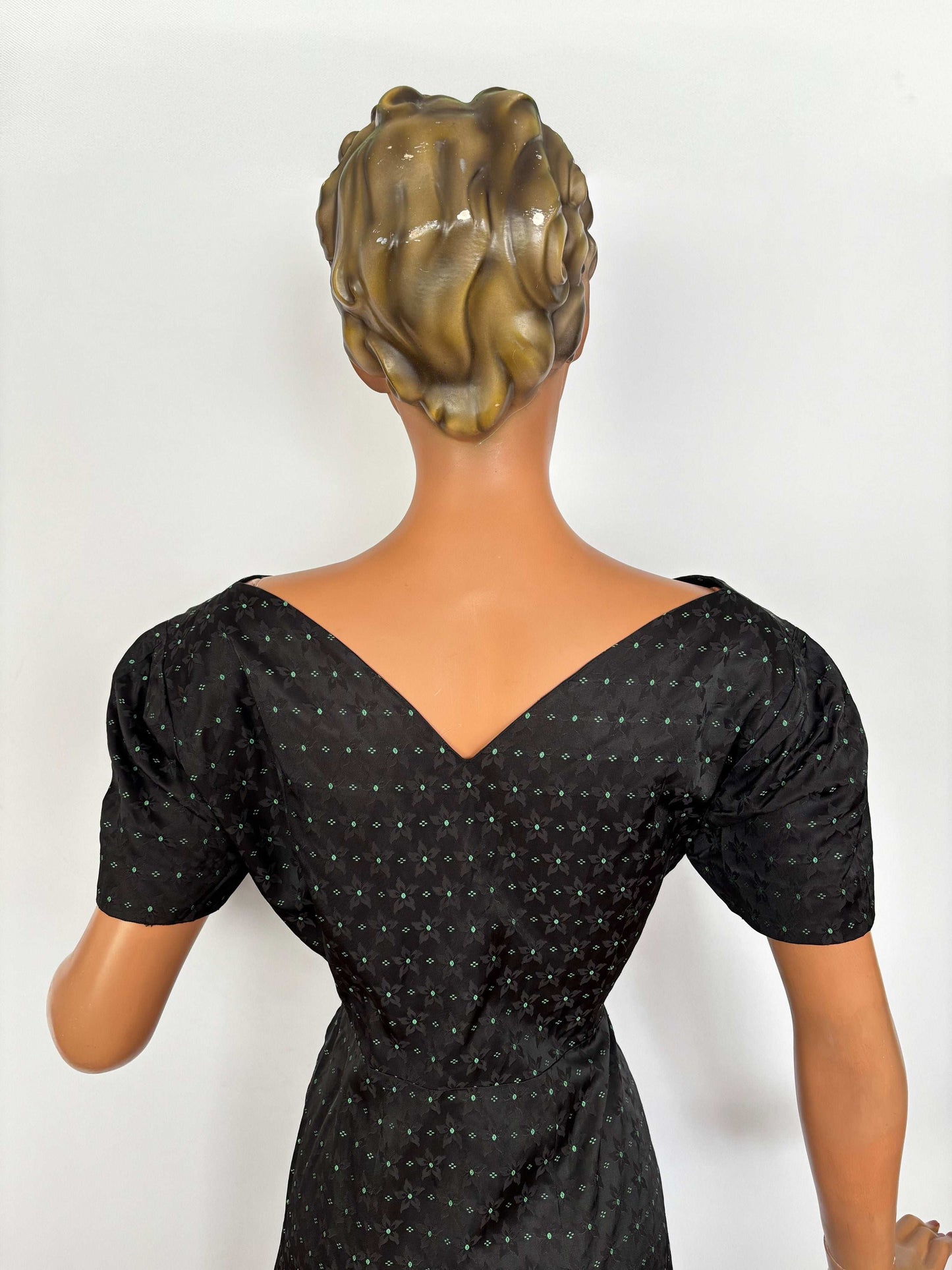 L | 1950s Black Rayon Jacquard Dress with Green Floral Weave