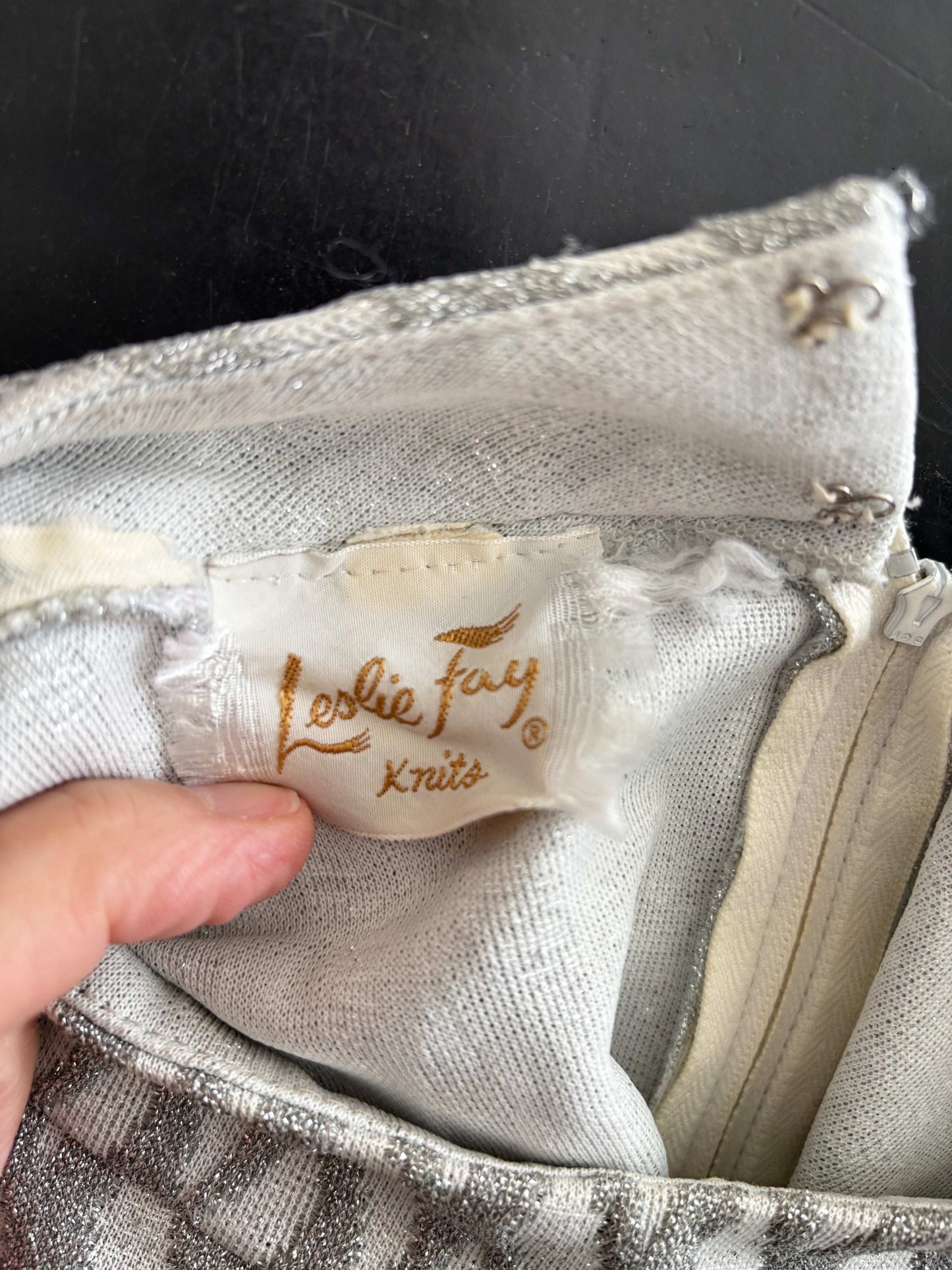 M | 1960s Leslie Fay Silver Lurex Knit Dress