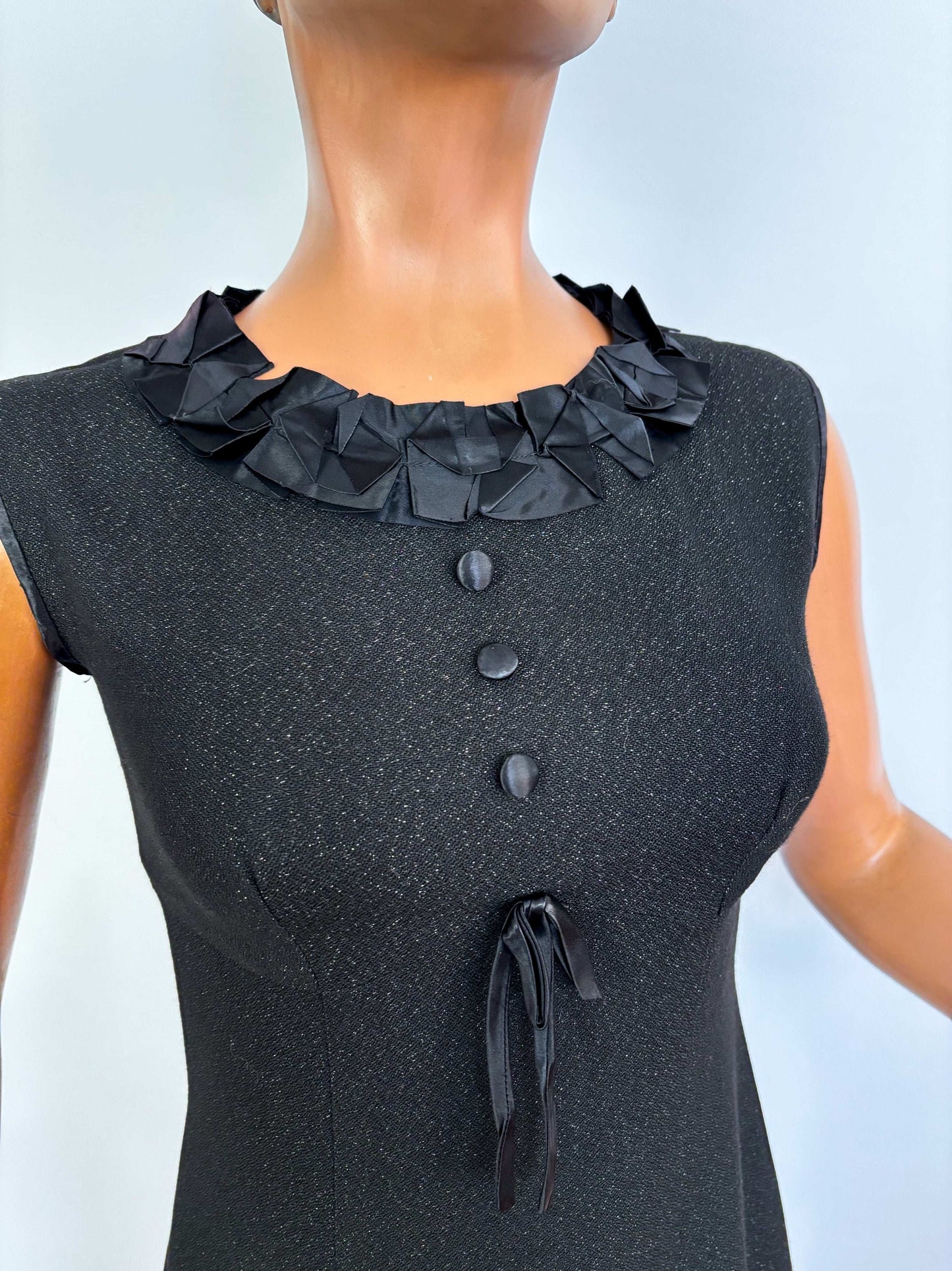S | 1960s Little Black Lurex Dress With Satin Trim