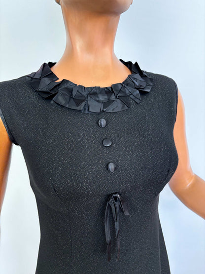 S | 1960s Little Black Lurex Dress With Satin Trim
