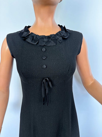 S | 1960s Little Black Lurex Dress With Satin Trim
