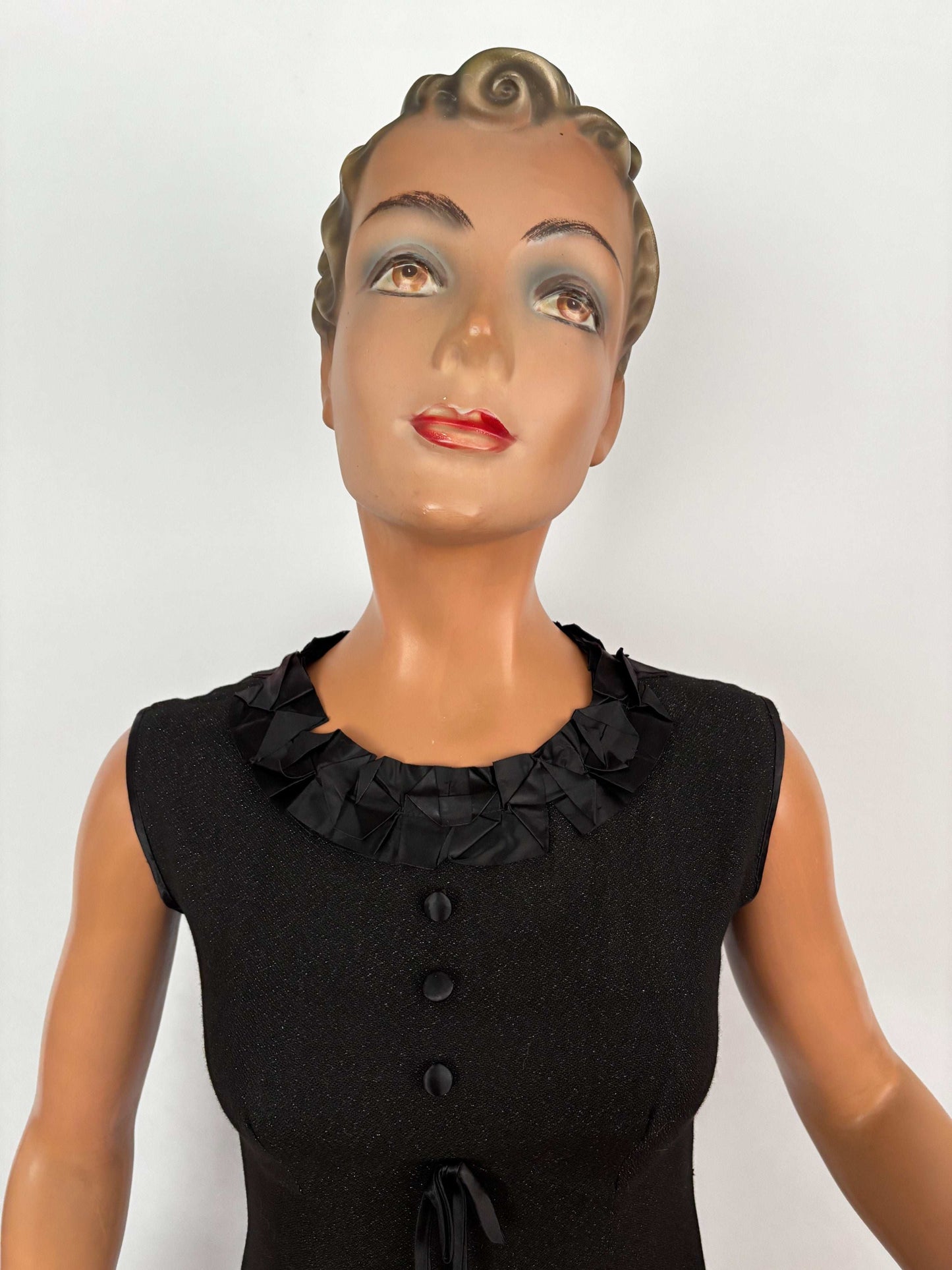 S | 1960s Little Black Lurex Dress With Satin Trim