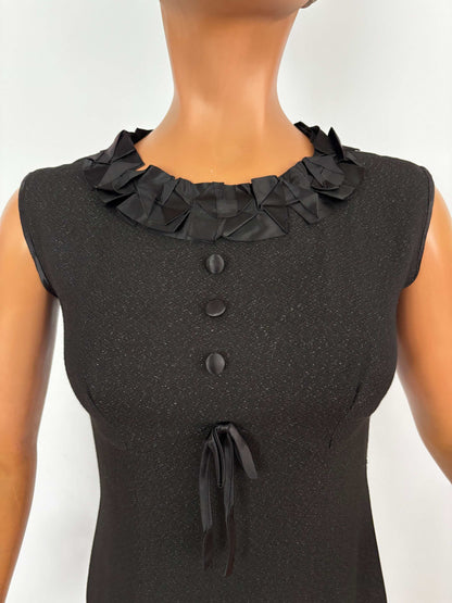 S | 1960s Little Black Lurex Dress With Satin Trim