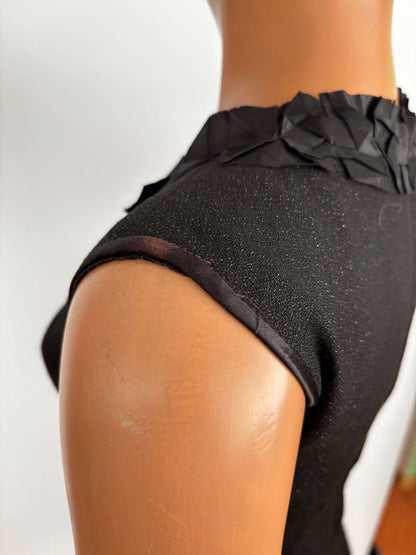 S | 1960s Little Black Lurex Dress With Satin Trim