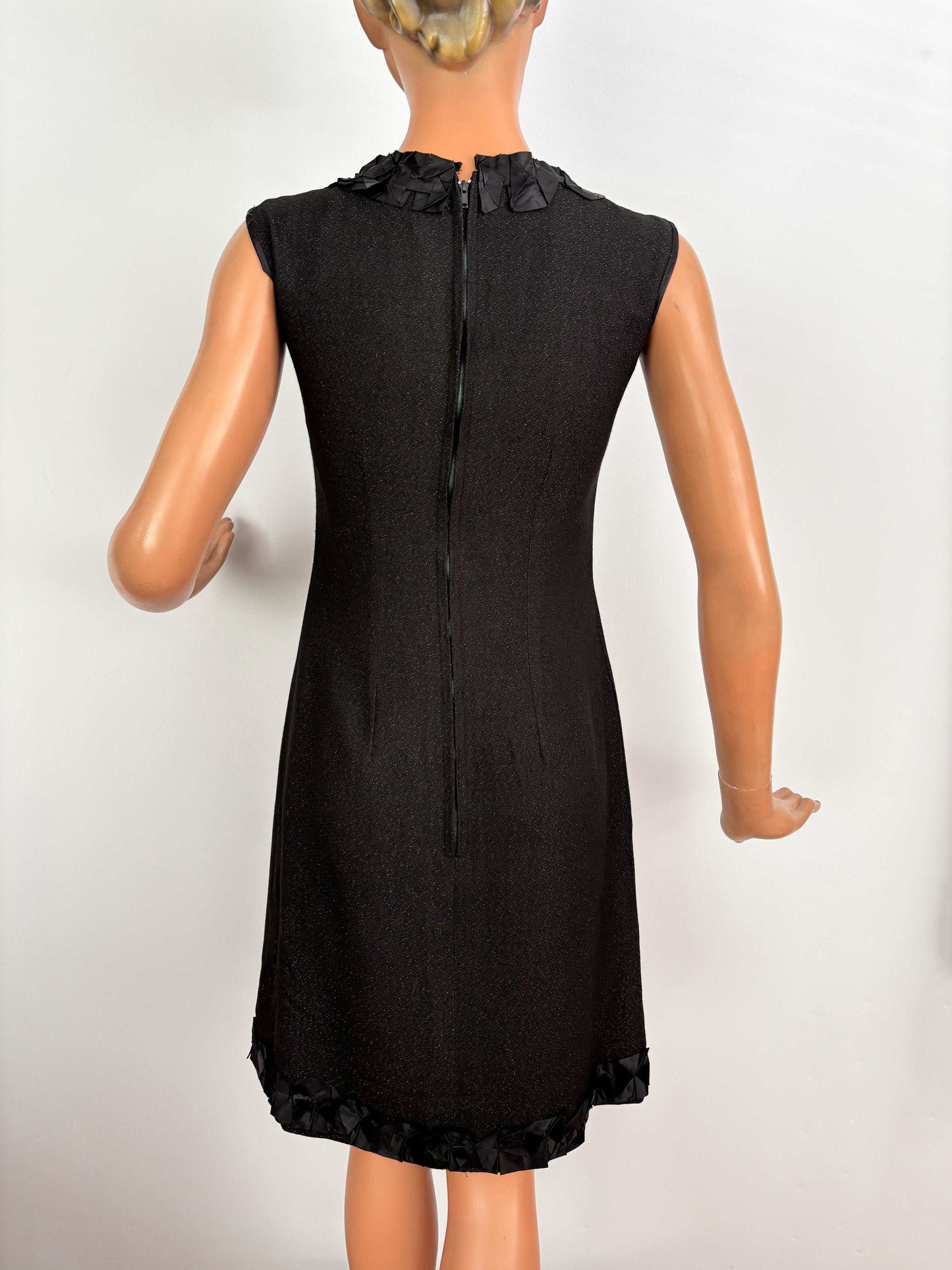 S | 1960s Little Black Lurex Dress With Satin Trim
