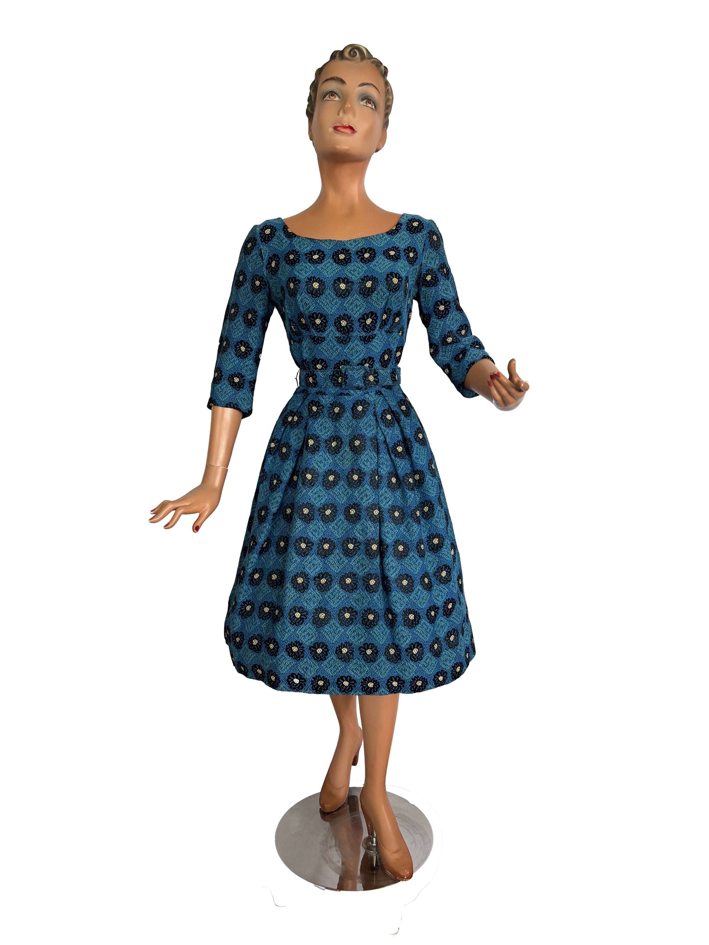 XS/S | 1950s Teena Paige Blue Jacquard Dress