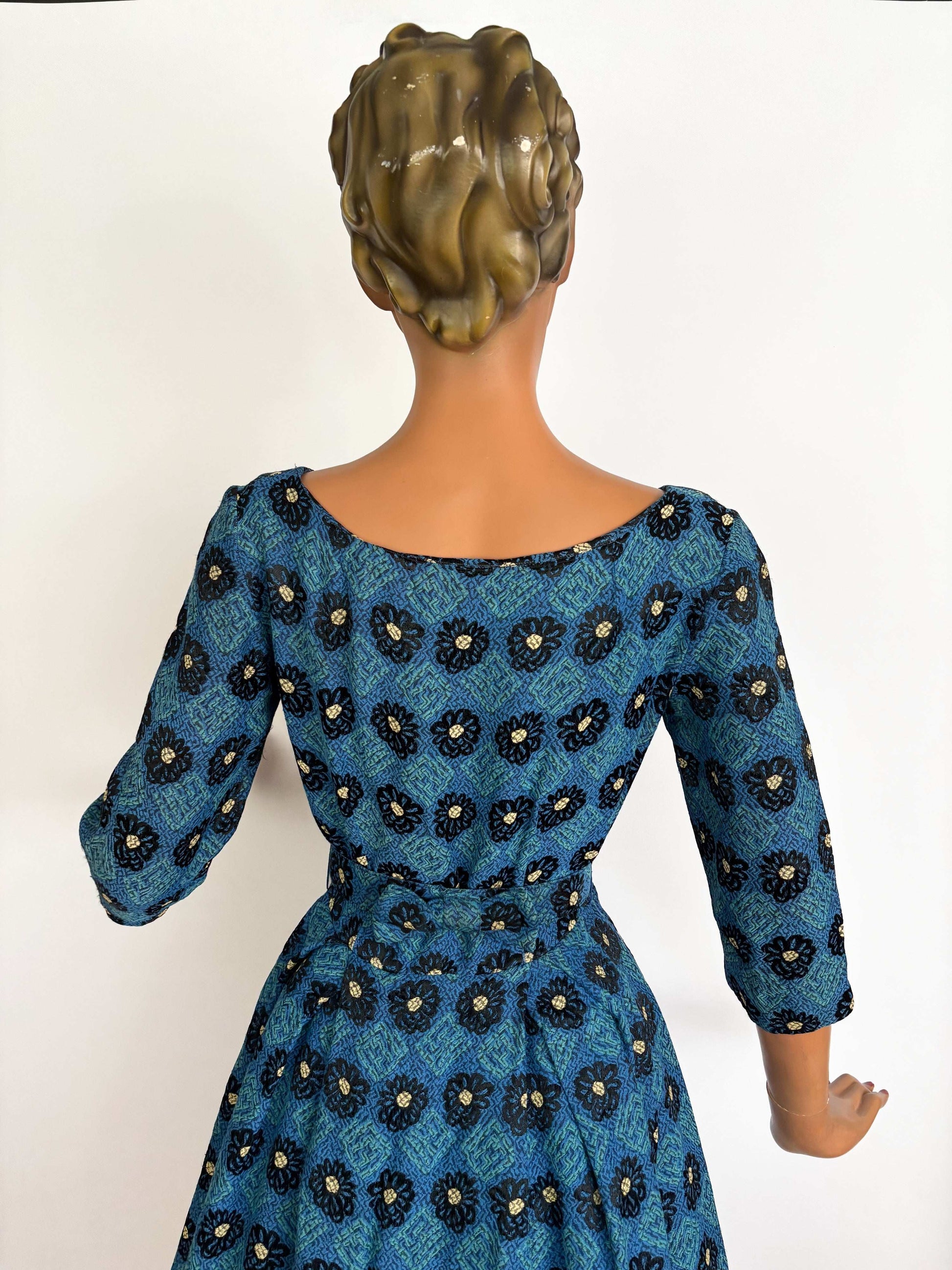 XS/S | 1950s Teena Paige Blue Jacquard Dress
