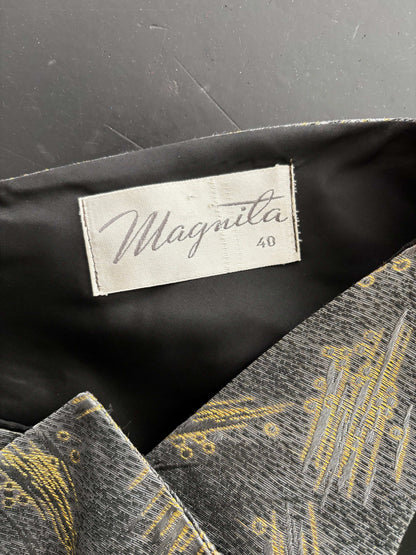 M | 1950s/60s Magnita Grey and Gold Cocktail Dress