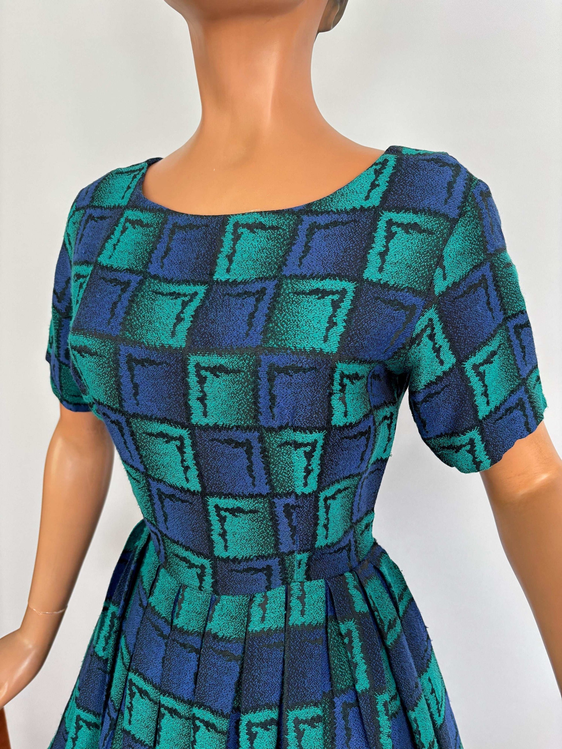 M | 1950s/60s Green Blue Square Dress