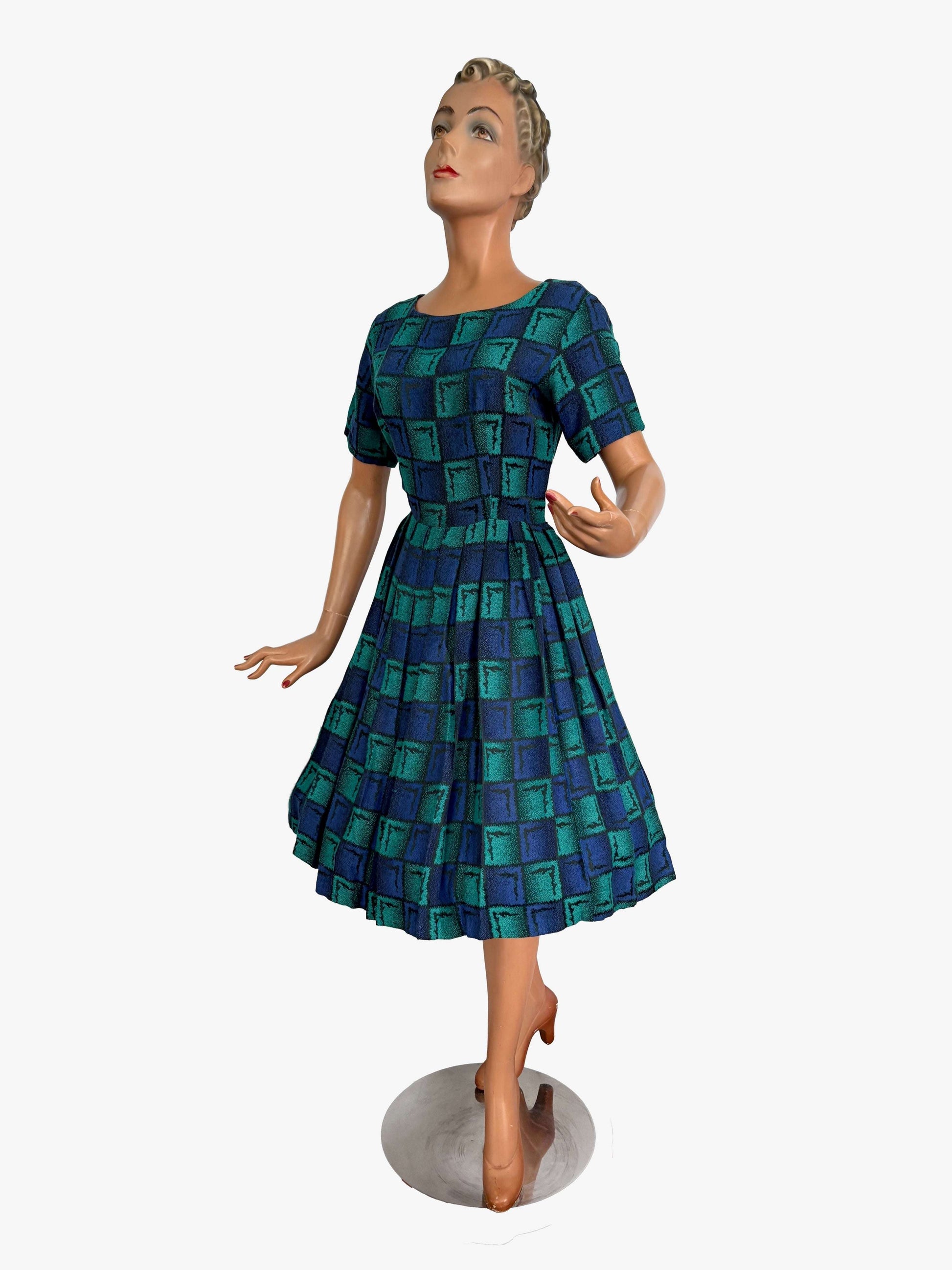 M | 1950s/60s Green Blue Square Dress