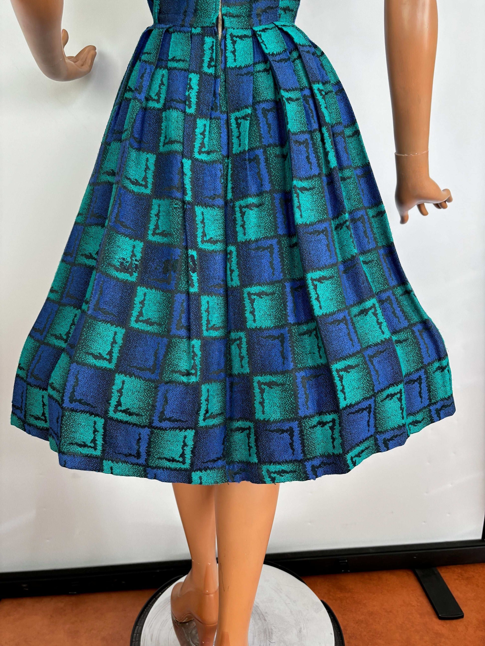 M | 1950s/60s Green Blue Square Dress