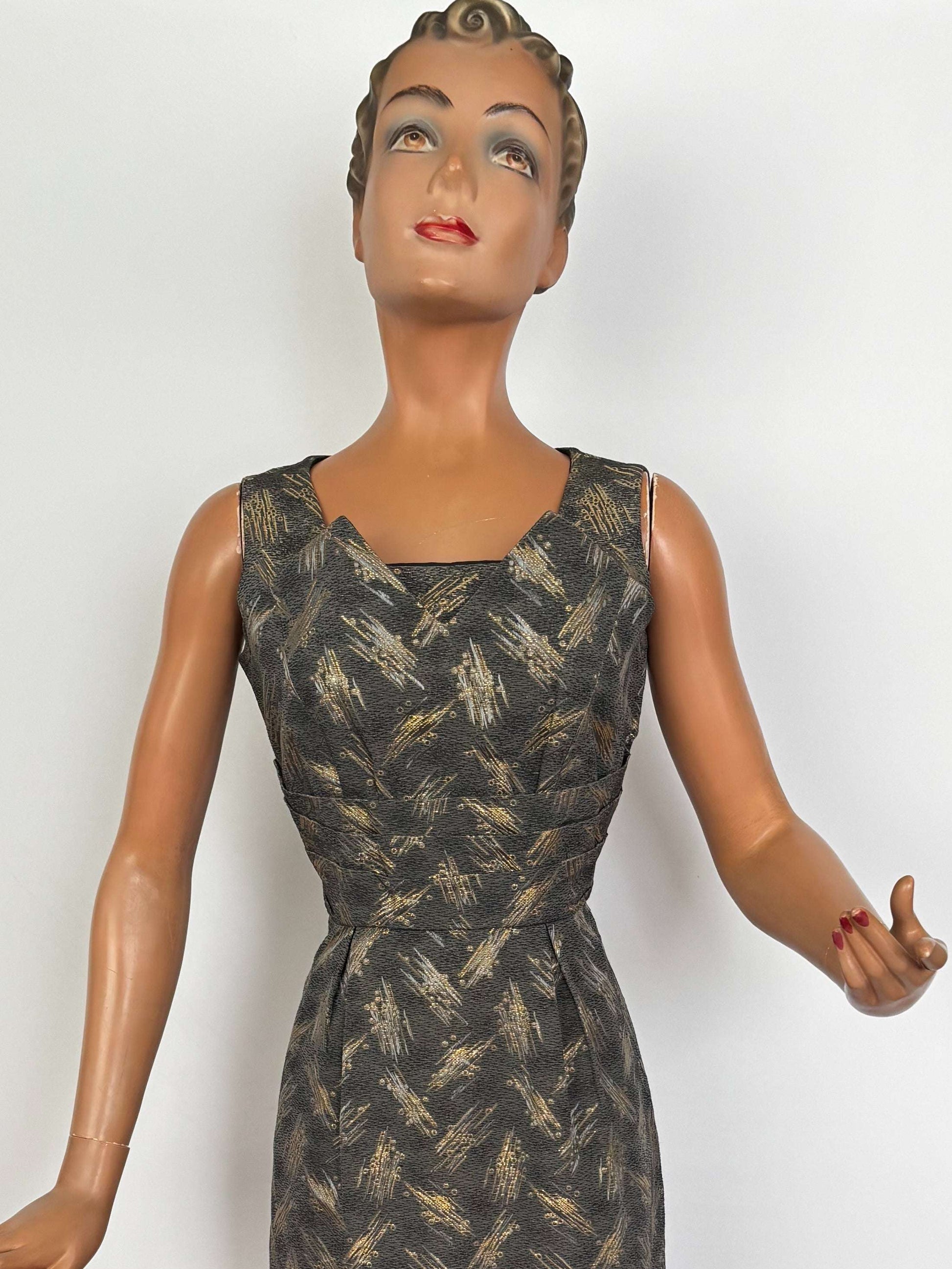 M | 1950s/60s Magnita Grey and Gold Cocktail Dress