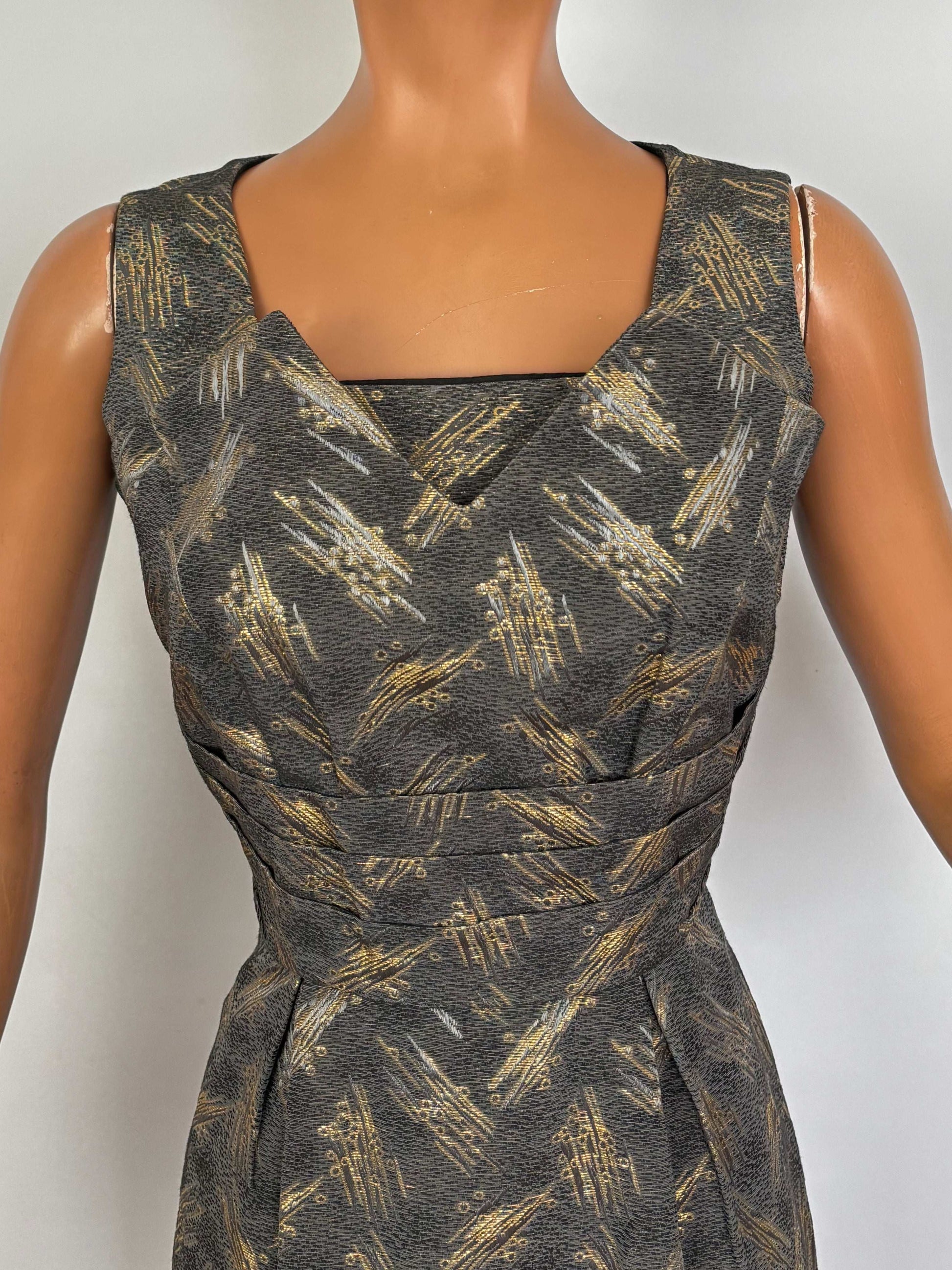 M | 1950s/60s Magnita Grey and Gold Cocktail Dress