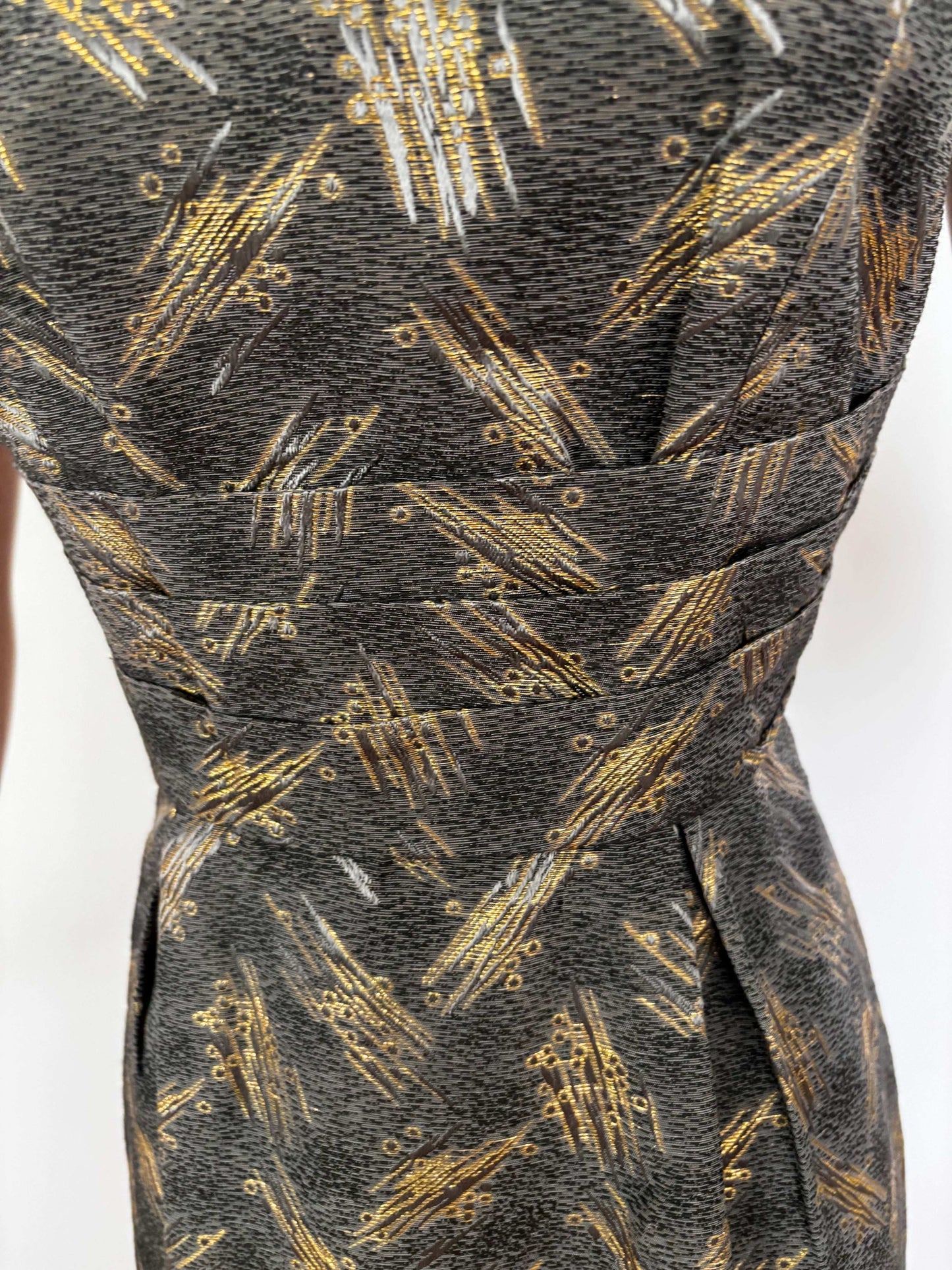 M | 1950s/60s Magnita Grey and Gold Cocktail Dress