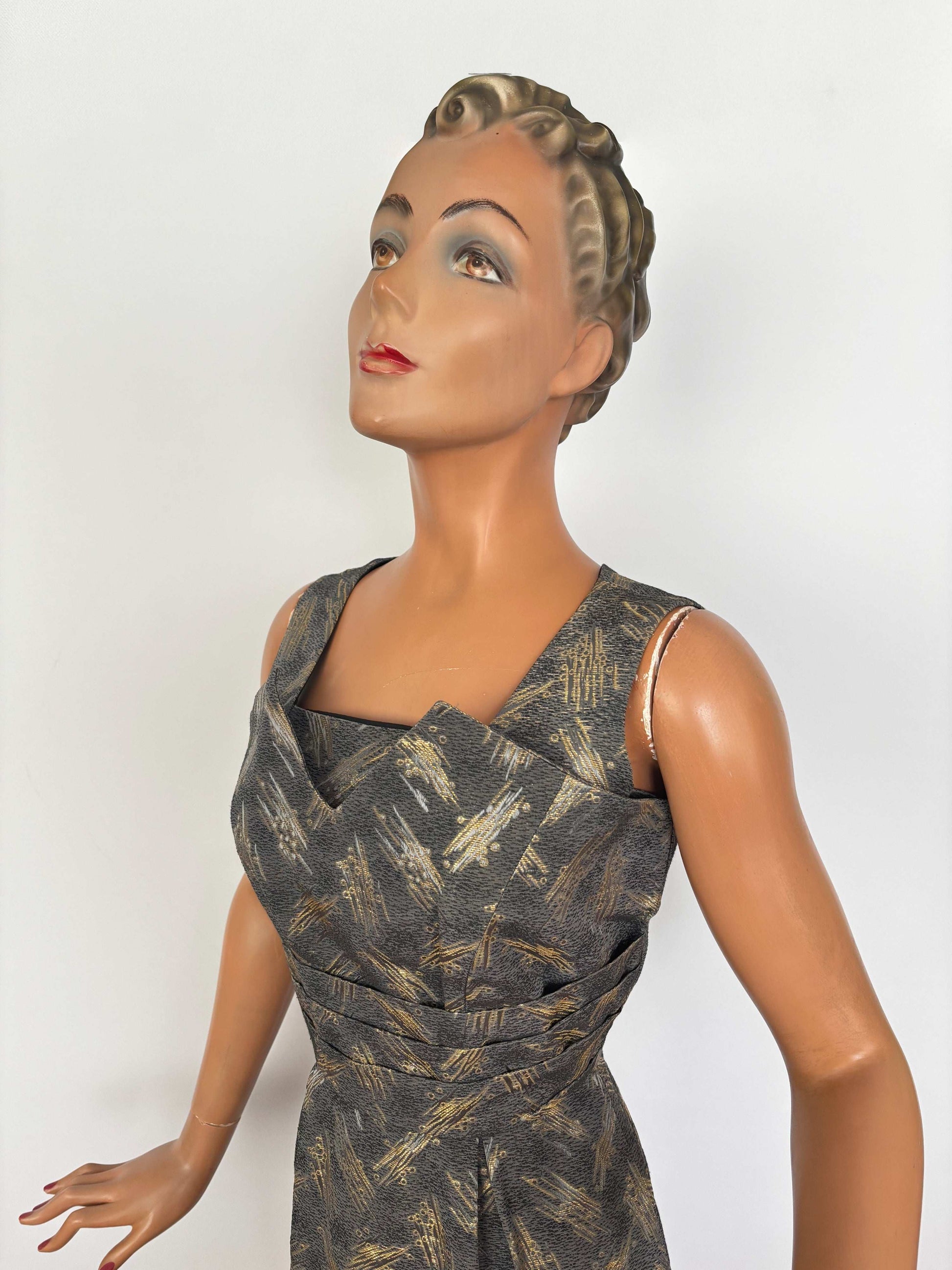 M | 1950s/60s Magnita Grey and Gold Cocktail Dress