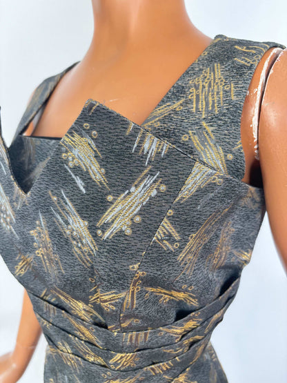 M | 1950s/60s Magnita Grey and Gold Cocktail Dress