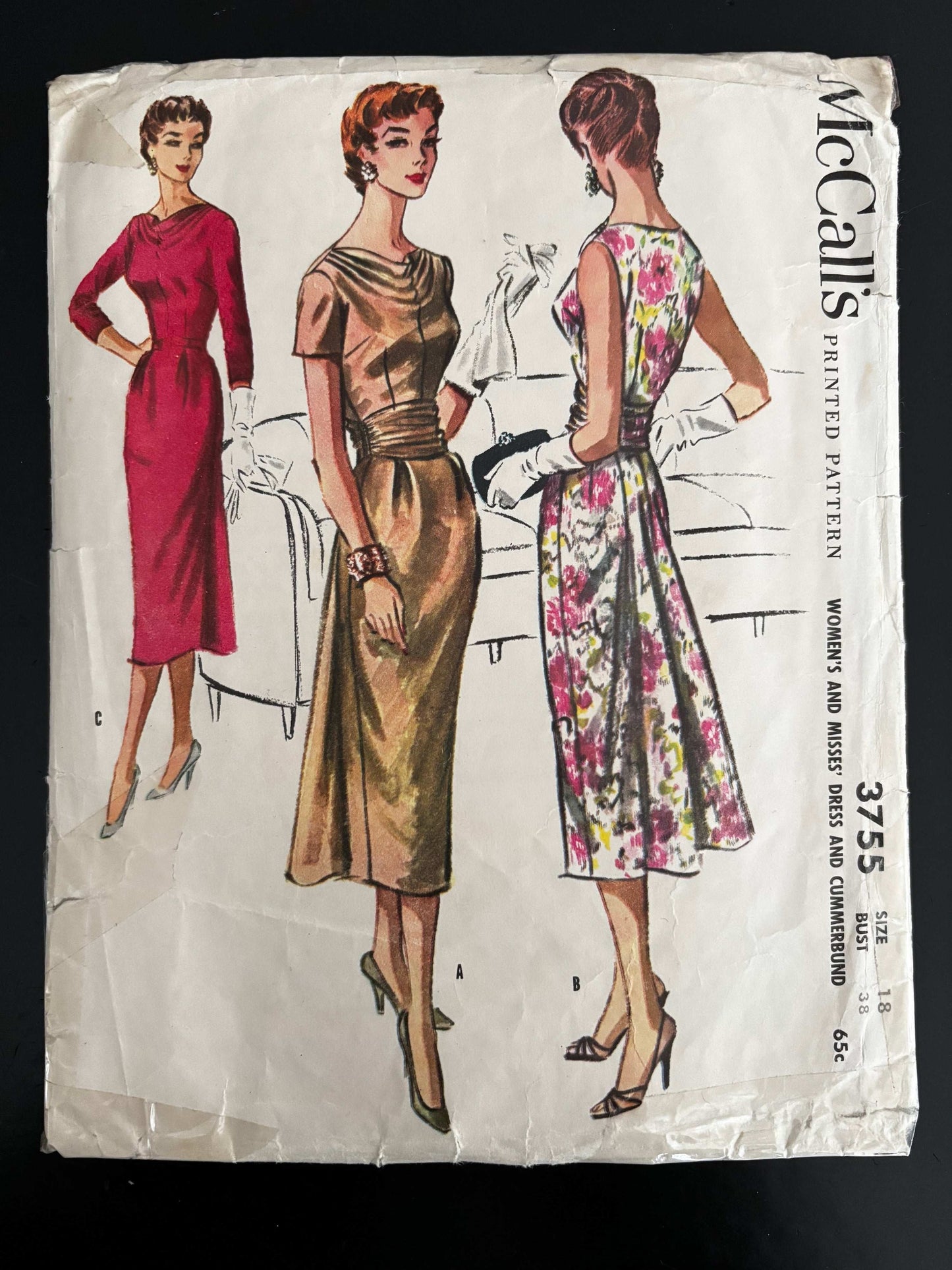1956 Size 18 Women's Dress and Cummerbund - McCall's 3755 Sewing Pattern