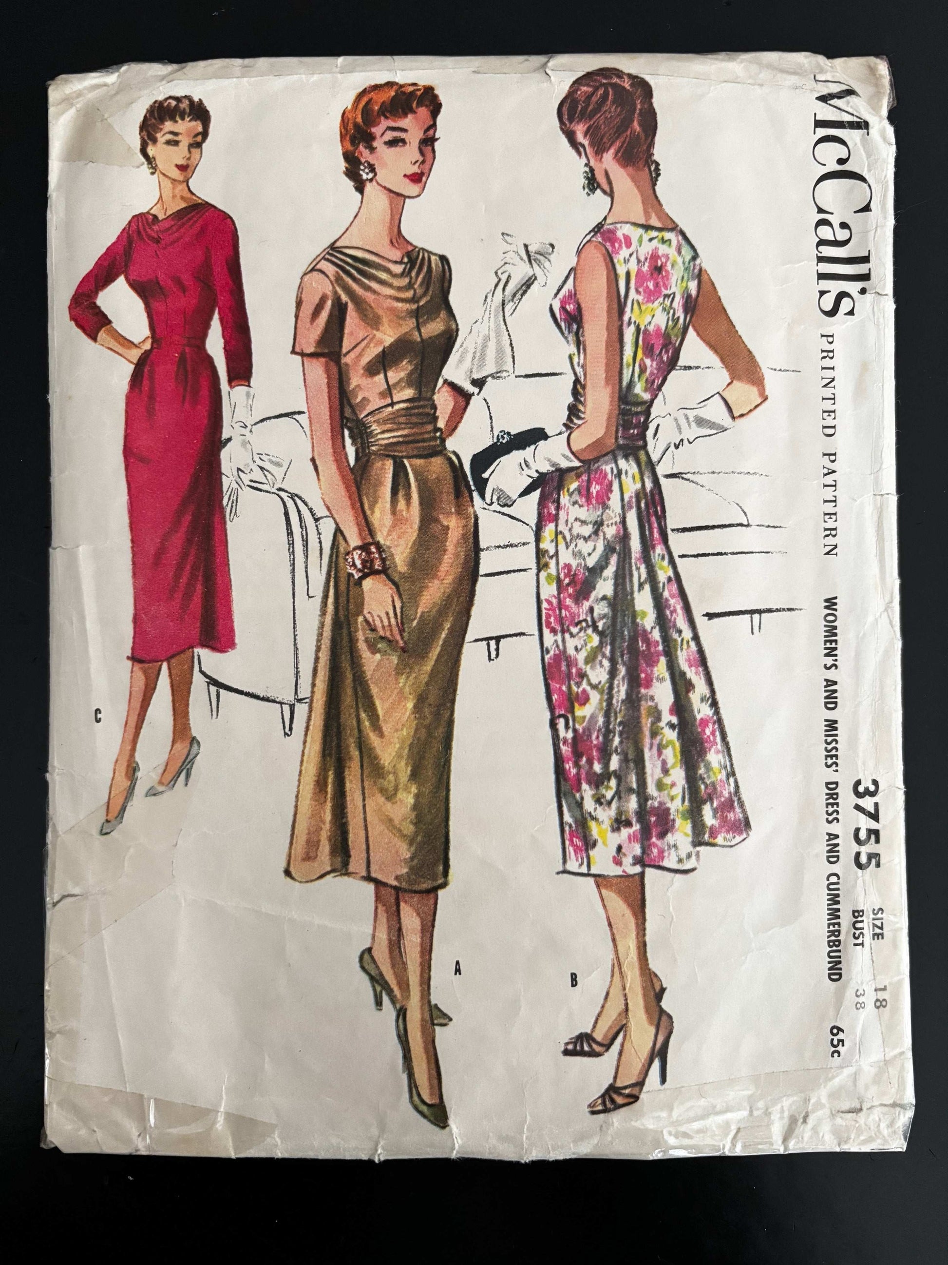 1956 Size 18 Women's Dress and Cummerbund - McCall's 3755 Sewing Pattern