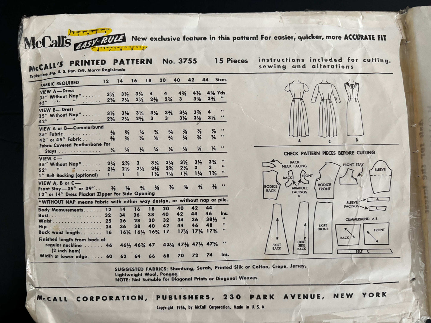 1956 Size 18 Women's Dress and Cummerbund - McCall's 3755 Sewing Pattern