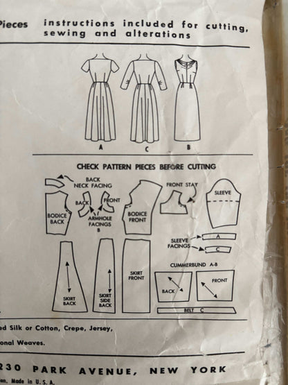 1956 Size 18 Women's Dress and Cummerbund - McCall's 3755 Sewing Pattern