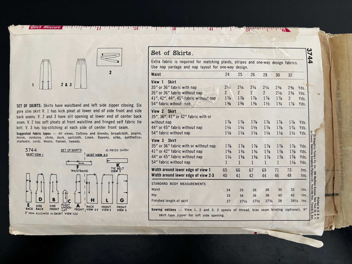 1959 Size 28 Waist Women's Skirt - Simplicity 3744 Sewing Pattern