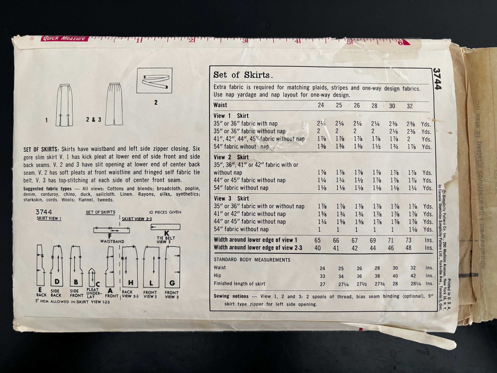 1959 Size 28 Waist Women's Skirt - Simplicity 3744 Sewing Pattern