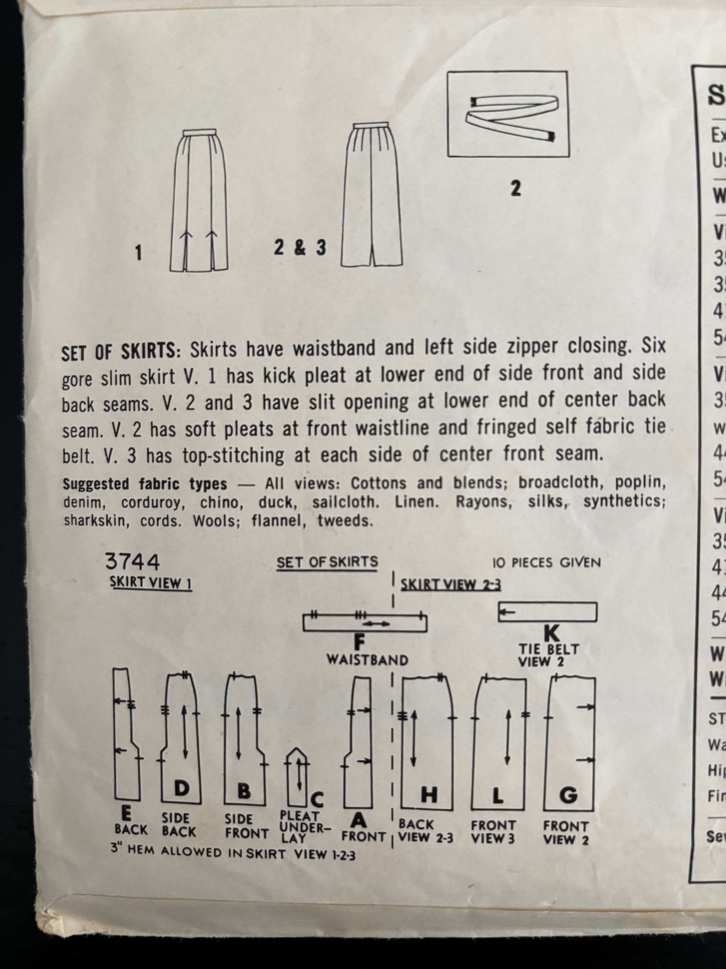 1959 Size 28 Waist Women's Skirt - Simplicity 3744 Sewing Pattern