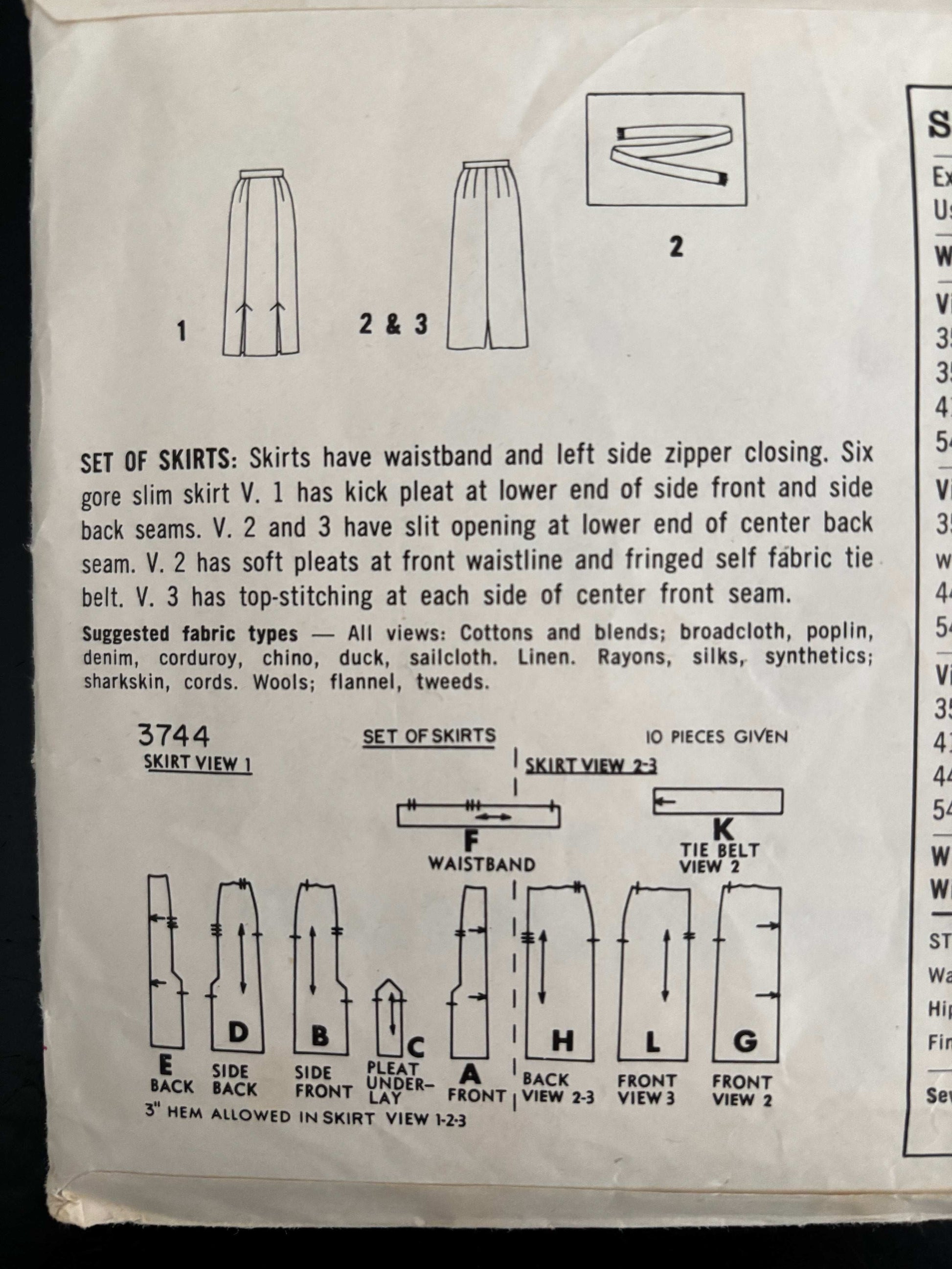 1959 Size 28 Waist Women's Skirt - Simplicity 3744 Sewing Pattern