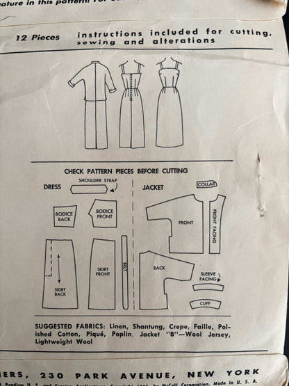 1955 Size 16 Women's Dress and Jacket - McCall's 3219 Sewing Pattern