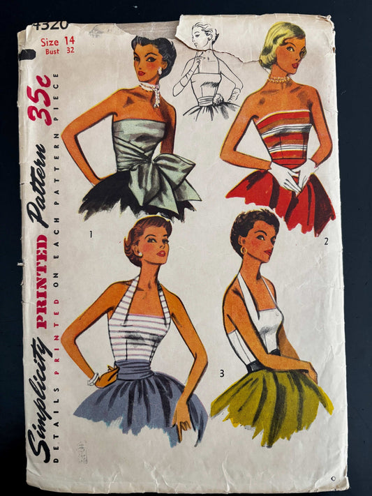 1953 Size 14 Women's Halter and Strapless Bodice - Simplicity 4320 Sewing Pattern